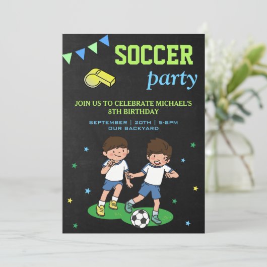 スポーツテーマキッズサッカー誕生日パーティー 招待状 (スタンド正面)