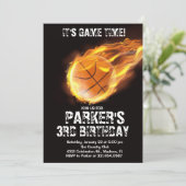 スポーツテーマゲームファイヤーバスケットボールブラック誕生日 招待状 (スタンド正面)