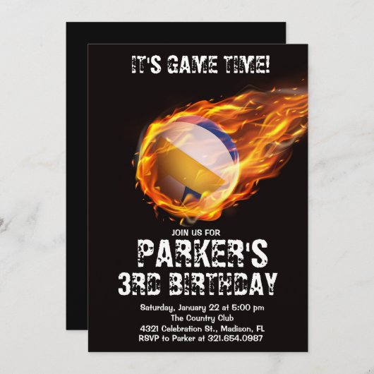 スポーツテーマゲームファイヤーバレーボールブラック誕生日 招待状 (正面/裏面)