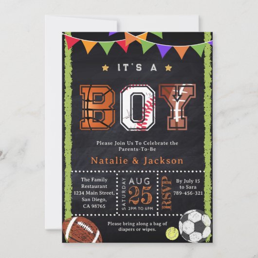 スポーツテーマシャルボード男の赤ちゃんシャワー招待状 招待状 (正面)