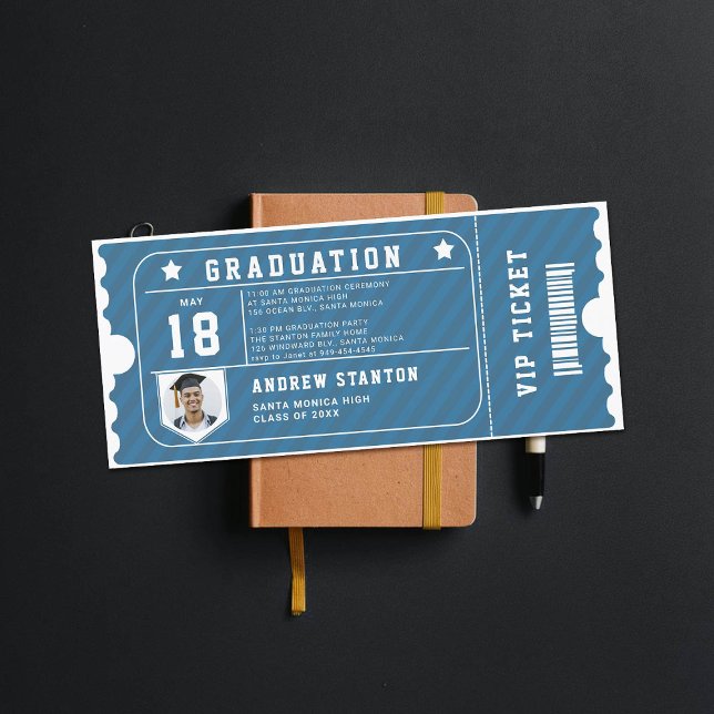 スポーツテーマブルーフォト卒業招待状 (graduation invitation high school senior boy sports themed blue white ticket)