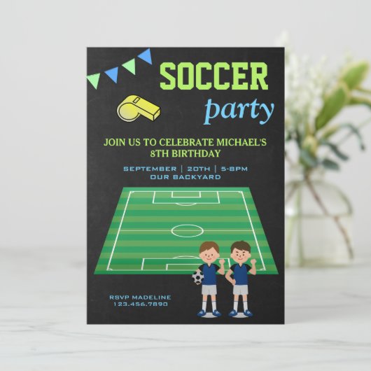スポーツテーマボーイズサッカー誕生日パーティー 招待状 (スタンド正面)