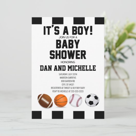 スポーツテーマ男の子だ！ベビーシャワー招待状 招待状 (スタンド正面)