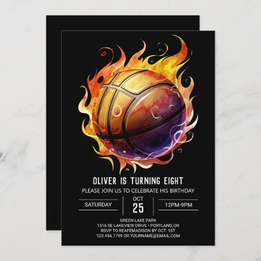 スポーツネットオレンジバスケットボール誕生日 招待状 (正面/裏面)