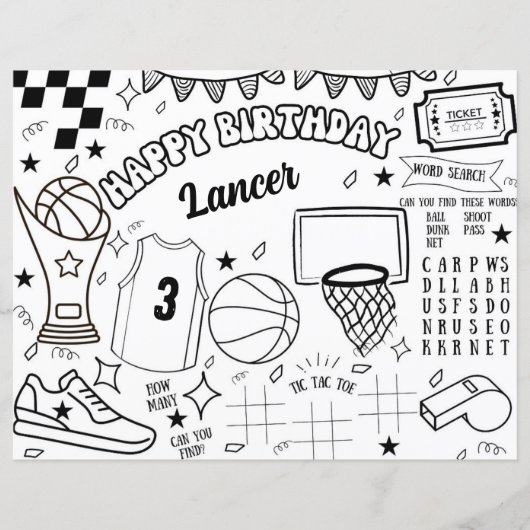 スポーツバスケットボール誕生日塗り絵アクティビティページ (正面)