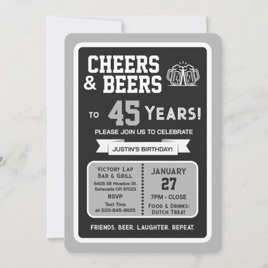 スポーツバーで45歳の誕生日おめでとう チェアーズとビール 招待状 (正面)