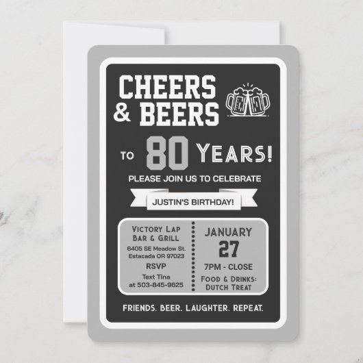 スポーツバーで80歳の誕生日おめでとう チェアーズとビール 招待状 (正面)