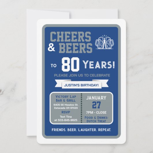 スポーツバーで80歳の誕生日を祝おう Cheers and Beers 招待状 (正面)
