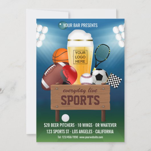 スポーツバーイベントプロモーションメニュー写真とロゴの追加 招待状 (正面)
