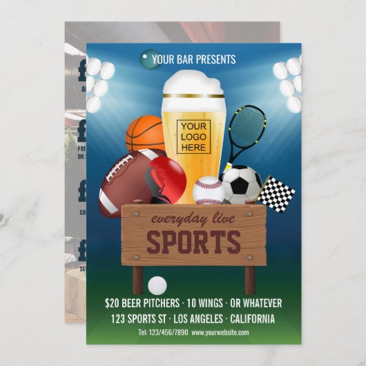 スポーツバーイベントプロモーションメニュー写真とロゴの追加 招待状 (正面/裏面)