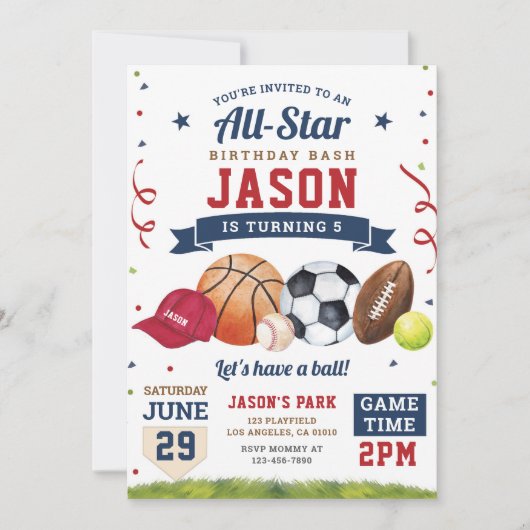 スポーツバースデーパーティオールスターモダン招待状 招待状 (正面)