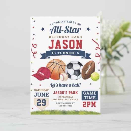スポーツバースデーパーティオールスターモダン招待状 招待状 (スタンド正面)
