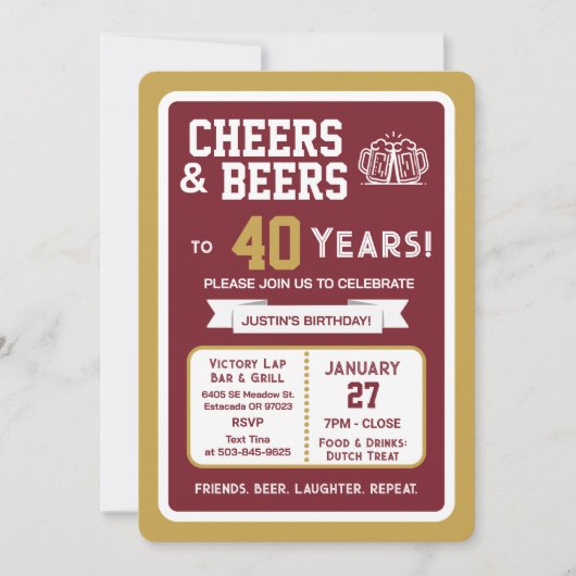 スポーツバー 誕生日おめでとう 40歳のビールで乾杯 招待状 (正面)