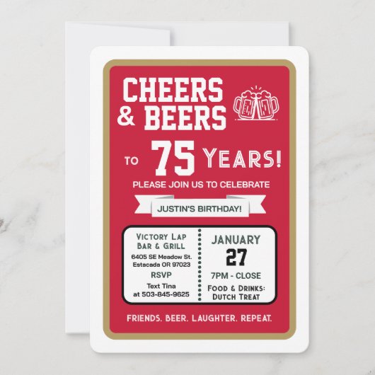 スポーツバー 75歳の誕生日おめでとう 乾杯とビール 招待状 (正面)