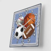 スポーツパーソナライズされたをテーマにした時計、あなたのテキスト、色 スクエア壁時計 (傾斜)