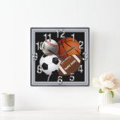 スポーツパーソナライズされた時計、あなたの名前と色 スクエア壁時計 (ホーム)