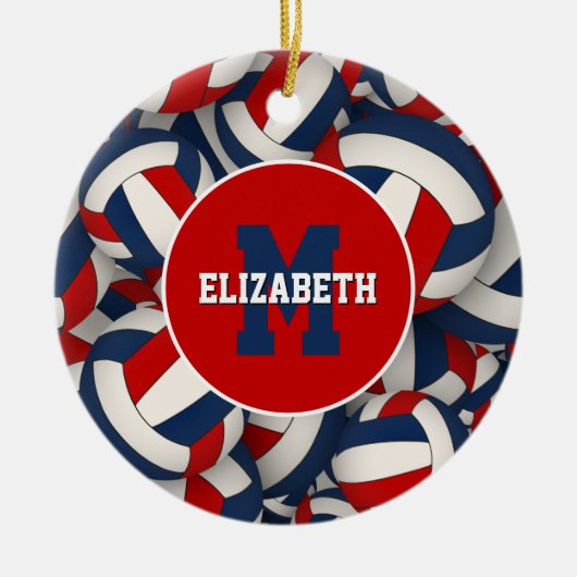 スポーツパーソナライズされた赤白青バレーボール セラミックオーナメント (正面)