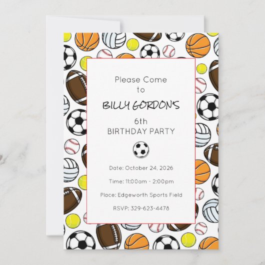 スポーツパーティーの子供たち カラフルなサッカーを楽しむ 招待状 (正面)