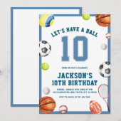 スポーツパーティーの10歳の誕生日おめでとう ボーイズスポーツ誕生日会 招待状 (正面/裏面)