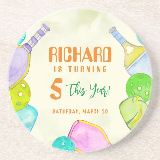 スポーツパーティーウォーターカラーピックボールをテーマにした誕生日 コースター (正面)