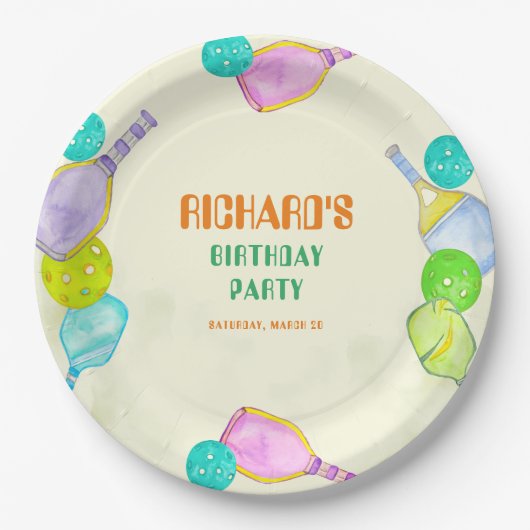 スポーツパーティーウォーターカラーピックボールをテーマにした誕生日 ペーパープレート (正面)
