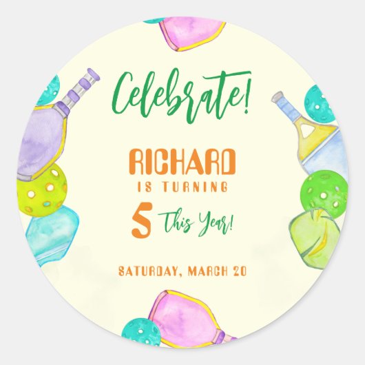 スポーツパーティーウォーターカラーピックボールをテーマにした誕生日 ラウンドシール (正面)