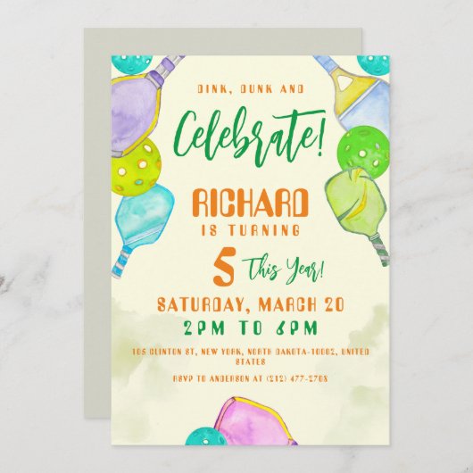 スポーツパーティーウォーターカラーピックボールをテーマにした誕生日 招待状 (正面/裏面)