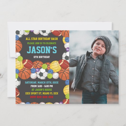 スポーツパーティー誕生日招待状と写真 招待状 (正面)