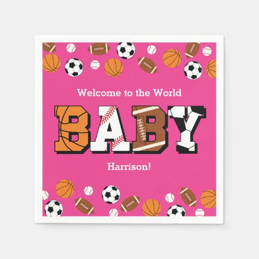 スポーツベビーシャワーピンクの女の子 スタンダードカクテルナプキン (正面)