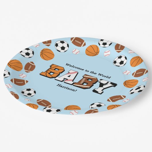 スポーツベビーシャワー共同テーマボーイブルー ペーパープレート (アングル)