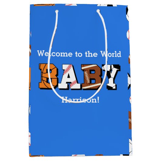 スポーツベビーシャワー共同テーマボーイブルー ミディアムペーパーバッグ (正面)