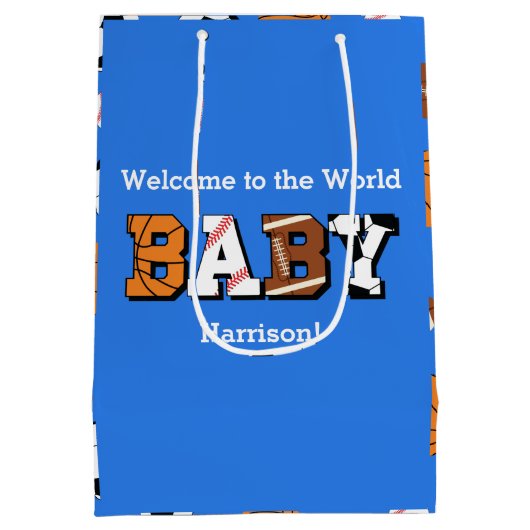 スポーツベビーシャワー共同テーマボーイブルー ミディアムペーパーバッグ (裏面)