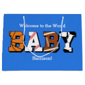 スポーツベビーシャワー共同テーマボーイブルー ラージペーパーバッグ (正面)