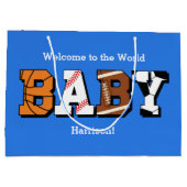 スポーツベビーシャワー共同テーマボーイブルー ラージペーパーバッグ (裏面)