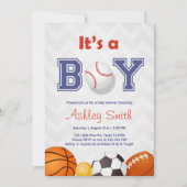 スポーツベビーシャワー招待状その男の子ブルーレッドグレー 招待状 (正面)