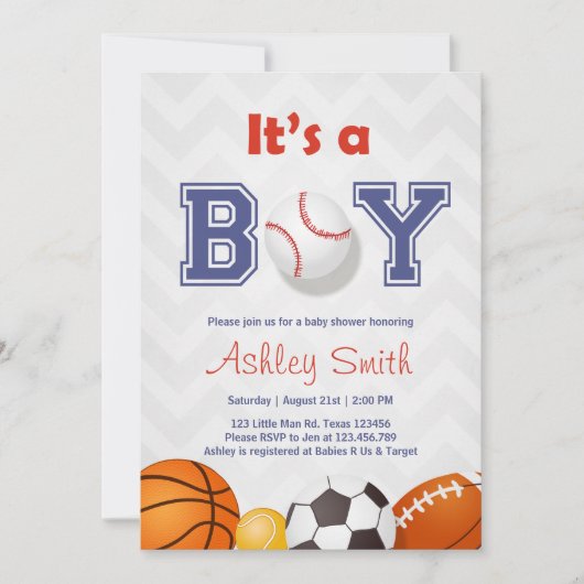 スポーツベビーシャワー招待状その男の子ブルーレッドグレー 招待状 (正面)