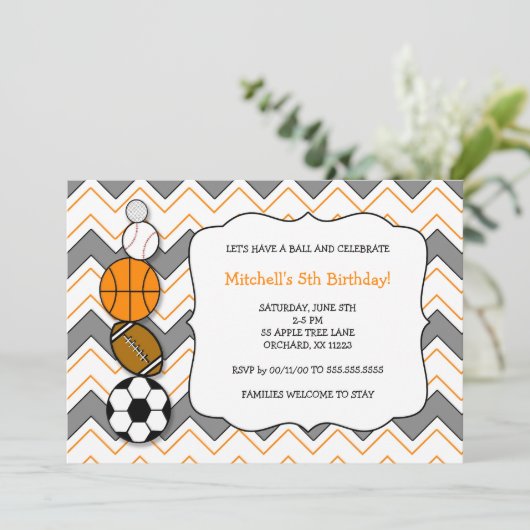 スポーツボールの誕生日パーティー招待状 招待状 (スタンド正面)