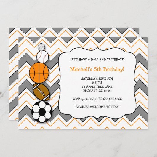 スポーツボールの誕生日パーティー招待状 招待状 (正面/裏面)