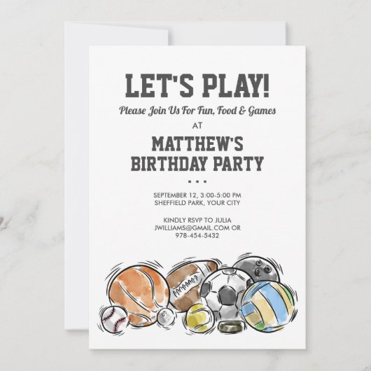 スポーツボールアスレティックバースデーパーティーの招待 招待状 (正面)