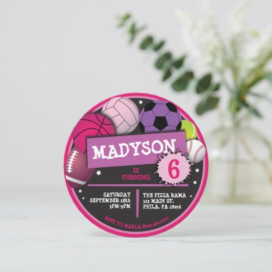 スポーツボールガールズバースデーパーティー招待状 招待状 (スタンド正面)