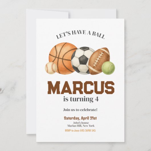 スポーツボール子供の誕生日パーティー 招待状 (正面)