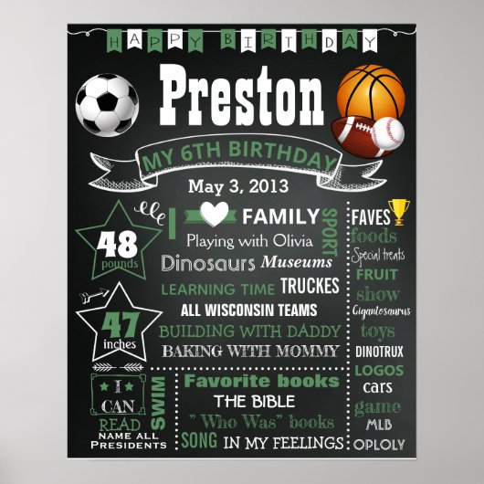 スポーツボール誕生日チョークボードのサインボーイ ポスター (正面)