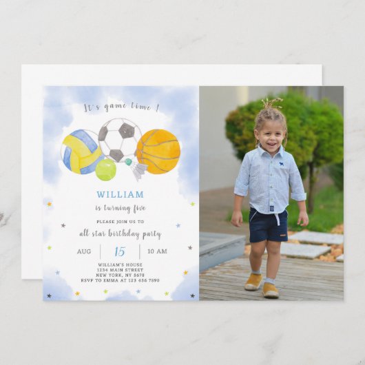 スポーツボール誕生日招待状付き写真付き 招待状 (正面/裏面)