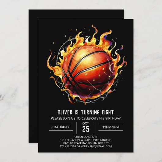 スポーツモダンお洒落バスケットボール誕生日 招待状 (正面/裏面)