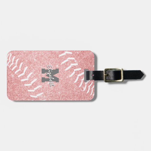 スポーツモノグラムのギフト女子ピンクのソフトボール ラゲッジタグ (正面横)