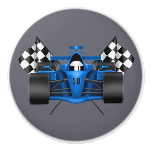 スポーツレースカーとフラグのホームデコール セラミックノブ (正面)