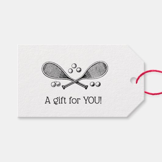 スポーツヴィンテージがテニスラケットテニスボールを交差 ギフトタグ (正面(横))