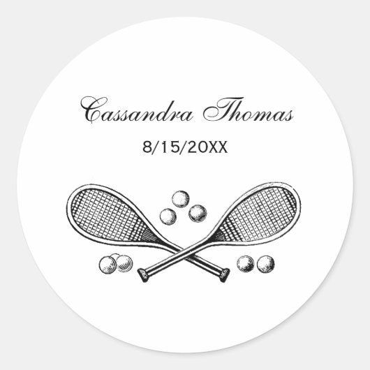 スポーツヴィンテージがテニスラケットテニスボールを交差 ラウンドシール (正面)