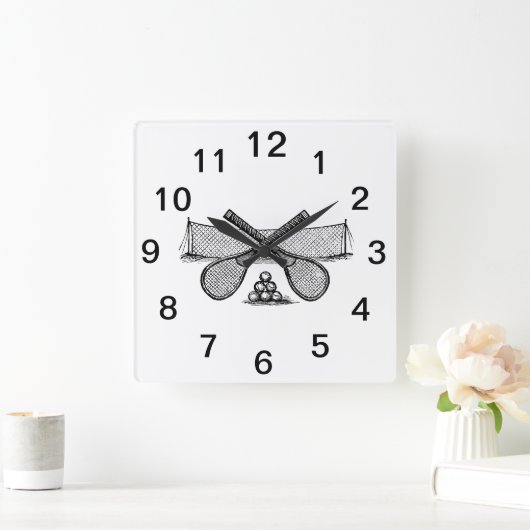 スポーツヴィンテージテニスネット、クロスしたレース、ボール スクエア壁時計 (ホーム)