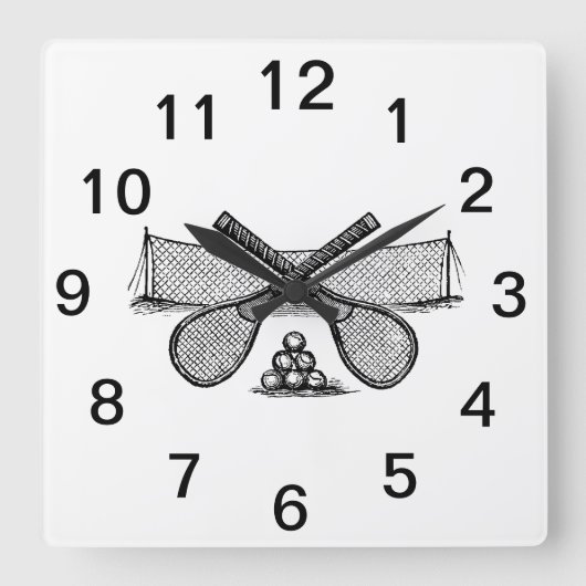 スポーツヴィンテージテニスネット、クロスしたレース、ボール スクエア壁時計 (正面)